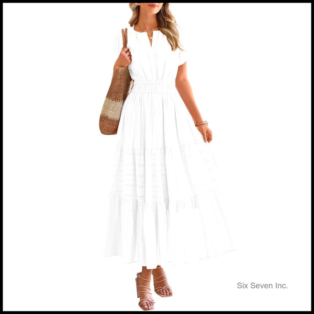Lightweight Short Sleeve V Neck Maxi Dress With Elastic Waist And Pockets